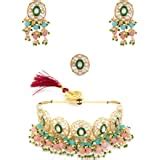 ZAVERI PEARLS Enamelling Mint Green & Pink Stones Kundan Choker ...