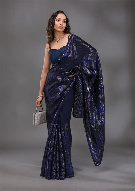 Buy Navy Blue Colour Saree Online – Koskii
