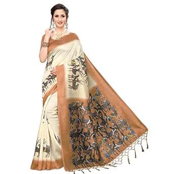 Buy GoSriKi Women's Brown Color Art Silk Printed Saree Border Tassels ...
