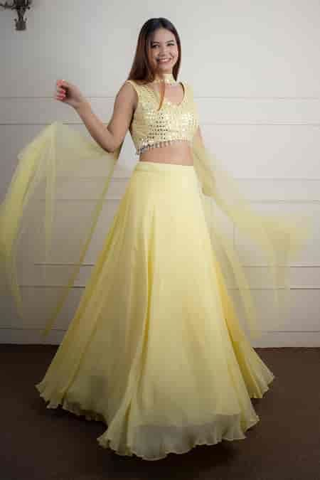 Buy Yellow Georgette Pearls, Sequins, Mirrors V-neck Embroidered Blouse ...
