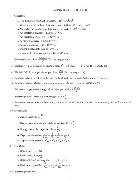Formula-sheet - cheat cheat - Formula Sheet PHYS 1434 Constants The ...