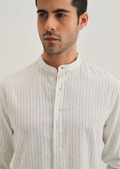 White Striped Mandarin Collar Cotton Shirt