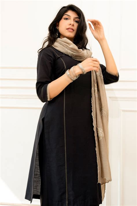 Buy Cotton Chanderi Black Kurta Set online available at scrollnshops