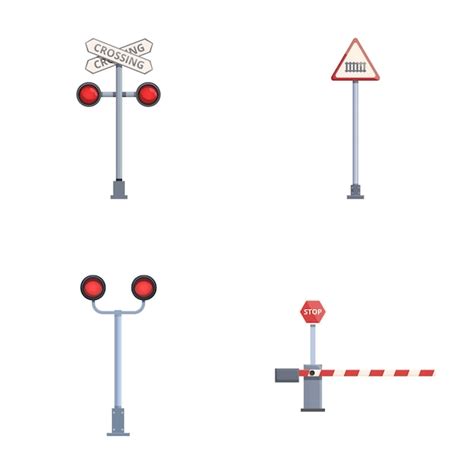 Railroad barrier icons set cartoon vector open and closed railway ...