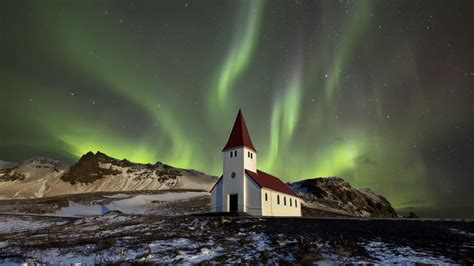 Wallpaper building, mountains, northern lights, night hd, picture, image