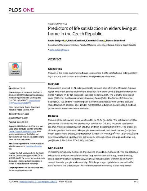 Predictors of Life Satisfaction in Elders Living at Home: A Study in ...