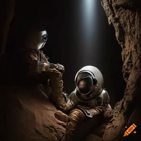 Movie still of explorers in a cave with spacesuit flashlights on Craiyon