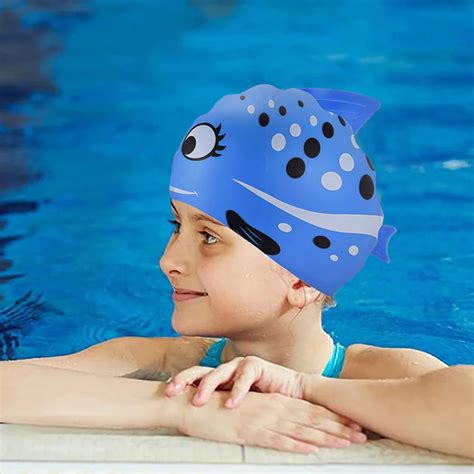 Black Polka Blue Fishy, Silicone Kids Swim Cap, 5 years-15 years ...