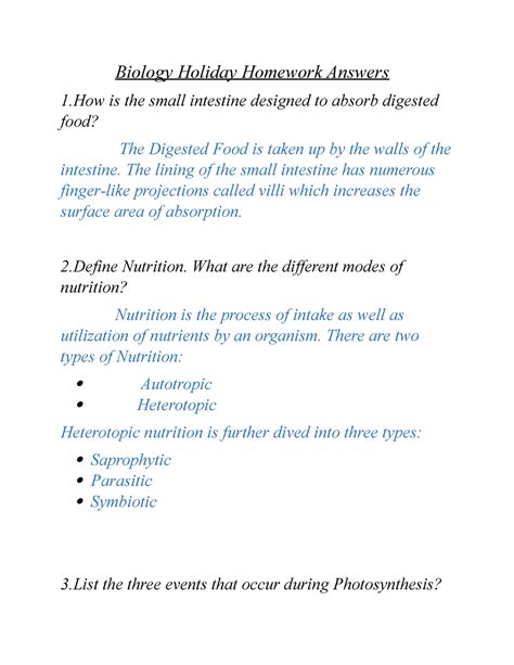 Biology HW Answers - Good - Biology Holiday Homework Answers 1 is the ...