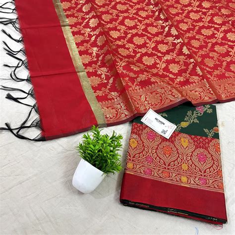 Bottle Green and Red Rang Mahal Satin Silk Banarasi Suit – Mohsin Textiles