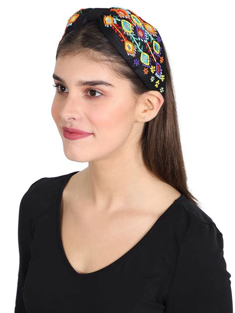 Anekaant Black & Multi Faux Silk Multi Geometric Embellished Hairband