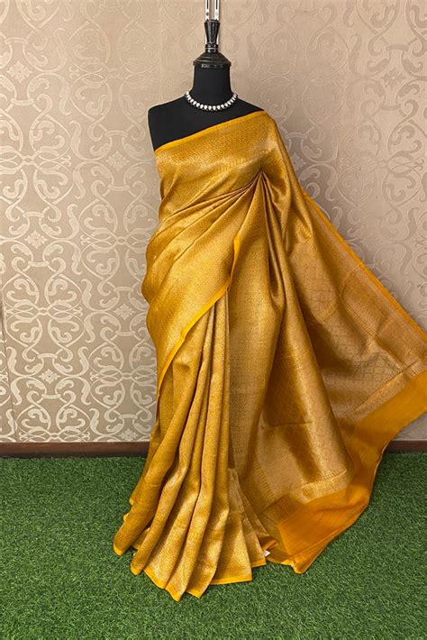 Mustard Yellow Brocade Kora Banarasi Silk Saree, With Unstiched Blouse ...