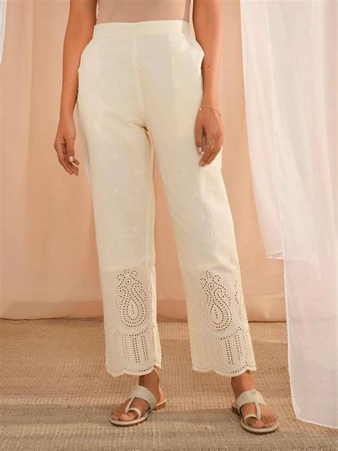 Buy Off White Embroidered Cotton Straight Fit Palazzos Online at Rs.799 ...