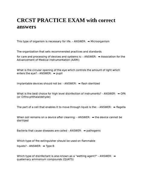 CRCST PRACTICE EXAM with correct answers | Exams Nursing | Docsity