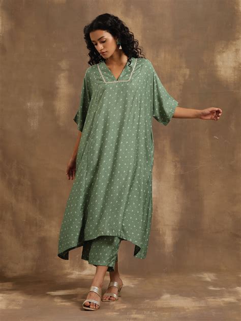 Light Green Bandhani Printed Silk Oversized Kurta Pant Set