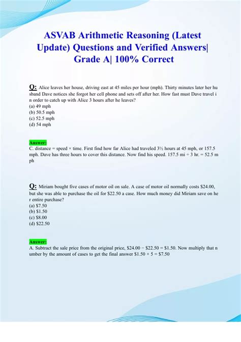 ASVAB Arithmetic Reasoning (Latest 2024/ 2025 Update) Questions and ...