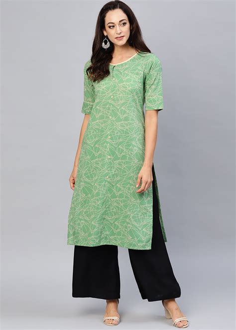 Get Geometric Printed Faux Button Detail Green Kurta at ₹ 769 | LBB Shop