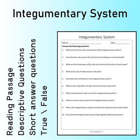 Integumentary System | Reading Comprehension Passage Printable Workshe ...