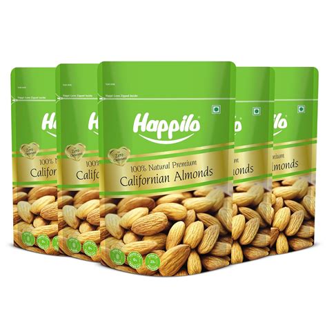 Happilo 100% Natural California Dried Almonds 200g Each (Pack of 5 ...