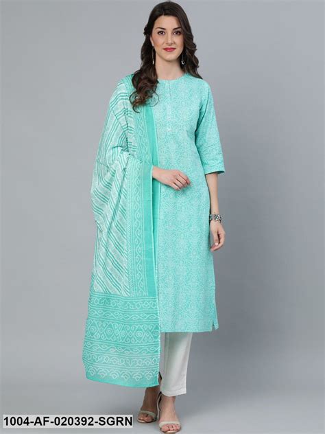 Sea Green Printed Straight Kurta Wiith Plazo & Dupatta – Trendphoria