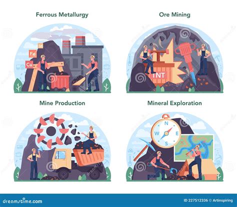 Ferrous Metallurgy Concept Set. Steel or Metal Extracting and ...