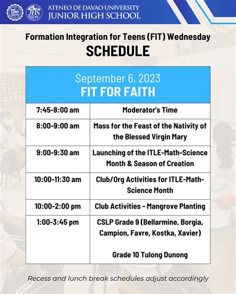 FIT Wednesday Schedule for Sept. 6. 2023 | Junior High Ateneo de Davao ...