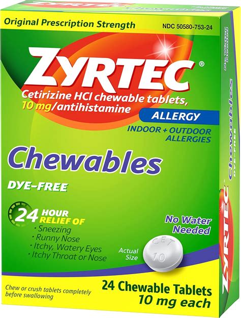 Buy Zyrtec 24 Hour Allergy Relief Chewable Dye-Free Tablets with 10 mg ...