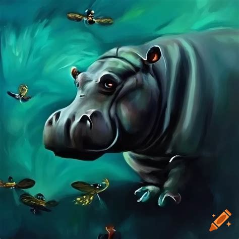Dark palette oil painting of a hippo in the jungle on Craiyon