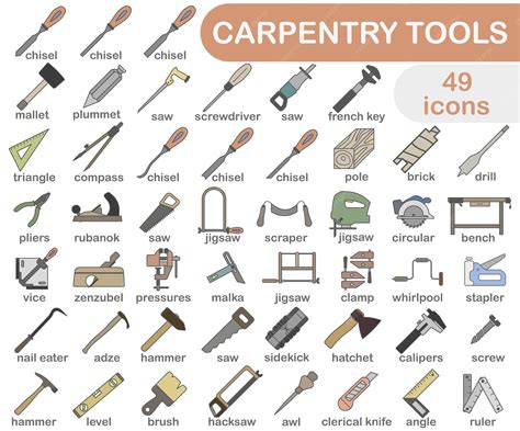 Collection of carpentry tools icons with stroke tool for a carpentry workshop with the name ...