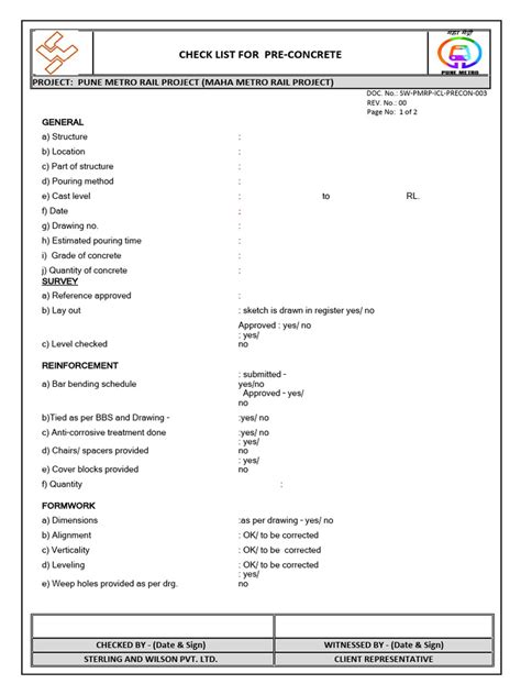 Image result for Pre Concrete Placement Checklist