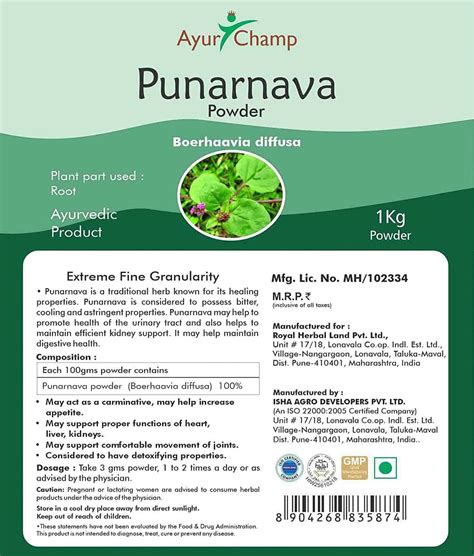 Buy AYUR CHAMP - PACK OF 5 - PUNARNAVA POWDER BOERHAVIA DIFFUSA - 1 KG ...