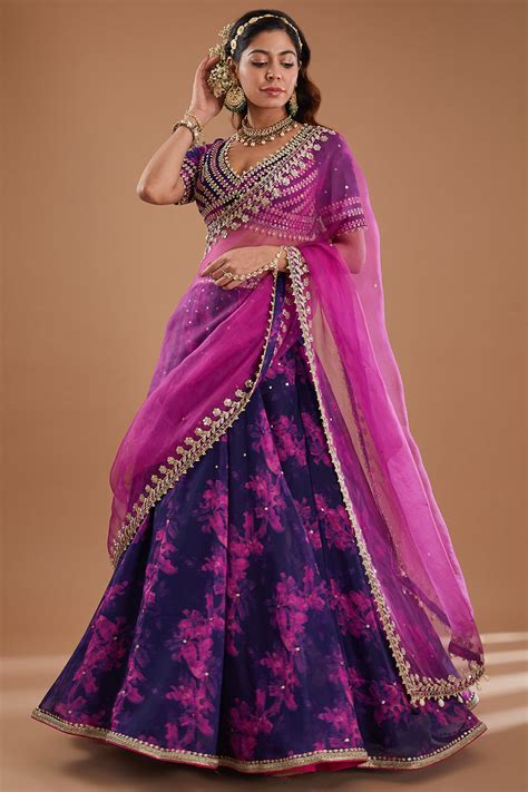 Indigo Printed & Embroidered Organza Lehenga Set – Ivory by Dipika