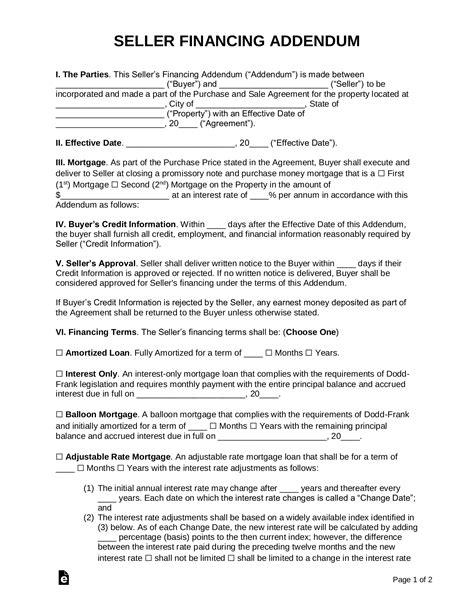 Free Seller Financing Addendum to Purchase Agreement - PDF | Word – eForms