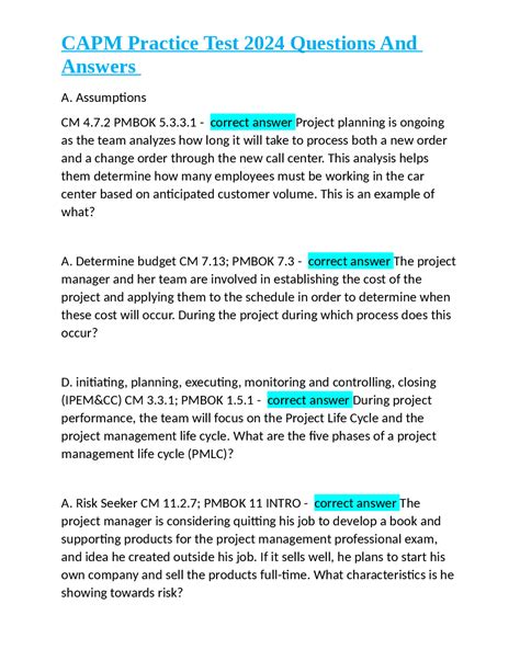 CAPM Practice Test 2024 Questions And Answers | Exams Sociology | Docsity