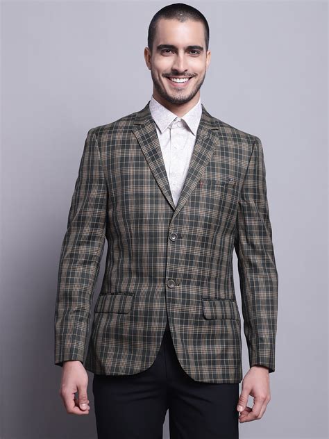 Men Olive checked Full Sleeves Formal Blazer – Cantabil