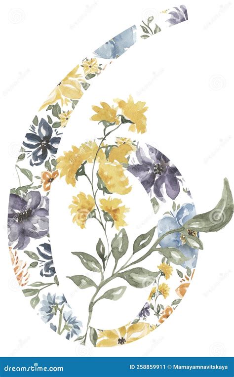 Wildflowers Number Six Blossom Alphabet Design. Watercolor Floral ...