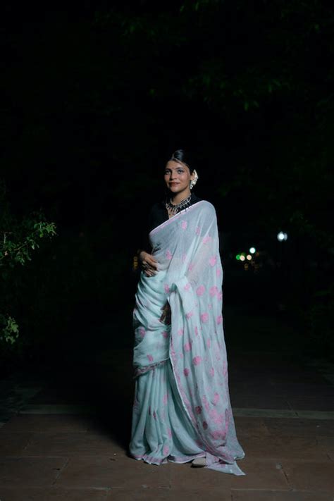 Shwet Pastel Hues Sea Green Chikankari Kota Cotton Saree Online ...