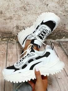 Women's Contrasting Panel Lace-Up Chunky Sneakers | SHEIN USA