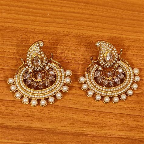 POLKI & PEARL ANTIQUE GOLD CHANDBALI EARRINGS – Sanvi Jewels
