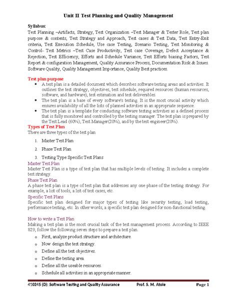Lecture 3 Unit II Test Planning and Quality Management - Unit II Test ...