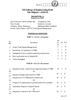Total Quality Management - GE3752 - Important Questions with Answer ...