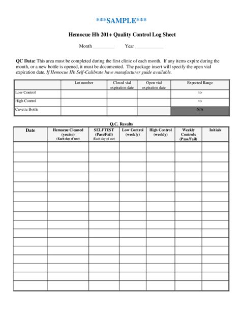 Fillable Online Hemocue Hb 201+ Quality Control Log Sheet Fax Email ...