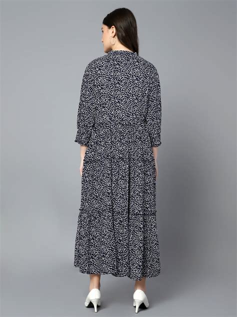 Women's Casual Mandarin Collar Navy Ditsy Print Fit & Flared Dress ...