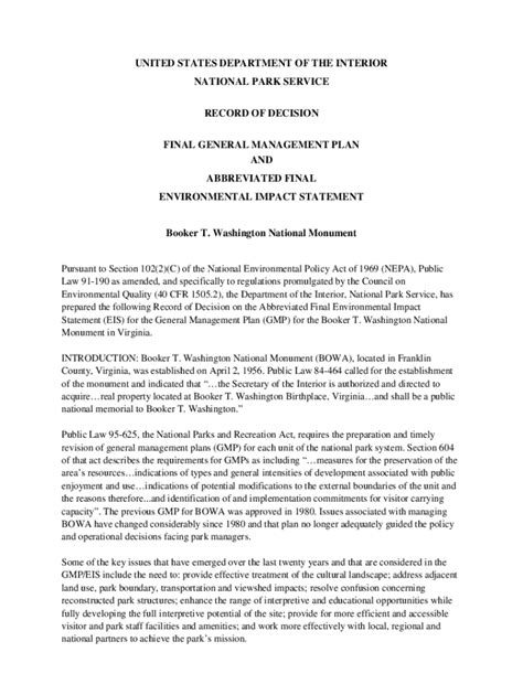 Fillable Online RECORD OF DECISION FINAL GENERAL MANAGEMENT PLAN AND ...