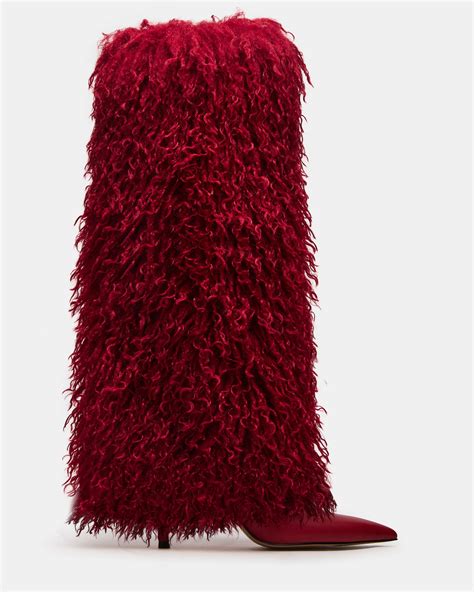 ICON Red Pointed-Toe Faux Fur Knee-High Stiletto Heel Women's Boot ...