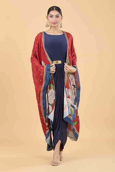 Buy Blue Cape Crepe, Tunic Muslin Slub Floral Orchid Bloom Print With ...