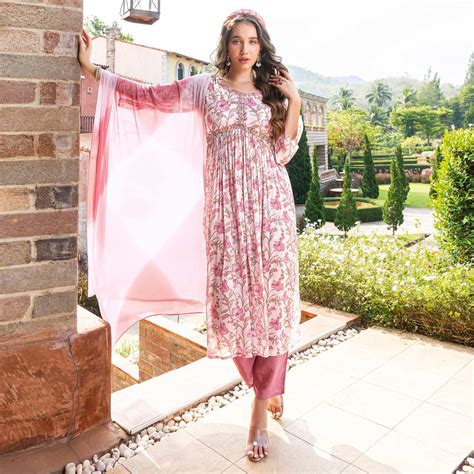 Purple Floral Printed Chiffon Alia Cut Suit