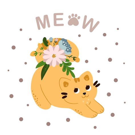 Mignon chat roux heureux s'étire dans les fleurs Illustrations pour ...