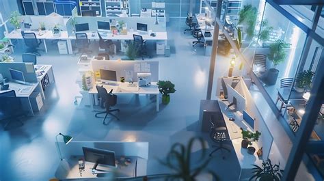 Elevated view of a busy open plan office.