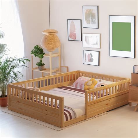 Harriet Bee Floor Bed Frame With Fence, Wood Kids Floor Beds Frame For ...